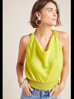 Maeve by Anthropologie Alida Cowl Neck Sleeveless Blouse in Chartreuse